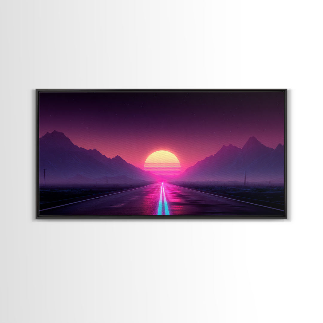 Surreal Sunset Road Landscape Featuring Mountains And Vibrant Sky Framed Canvas Print Modern Wall Art For Living Room