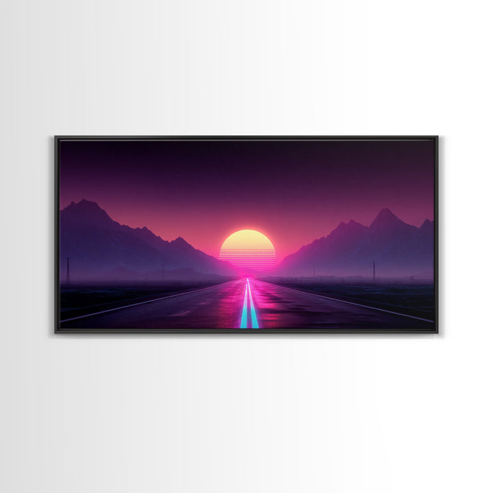 Surreal Sunset Road Landscape Featuring Mountains And Vibrant Sky Framed Canvas Print Modern Wall Art For Living Room