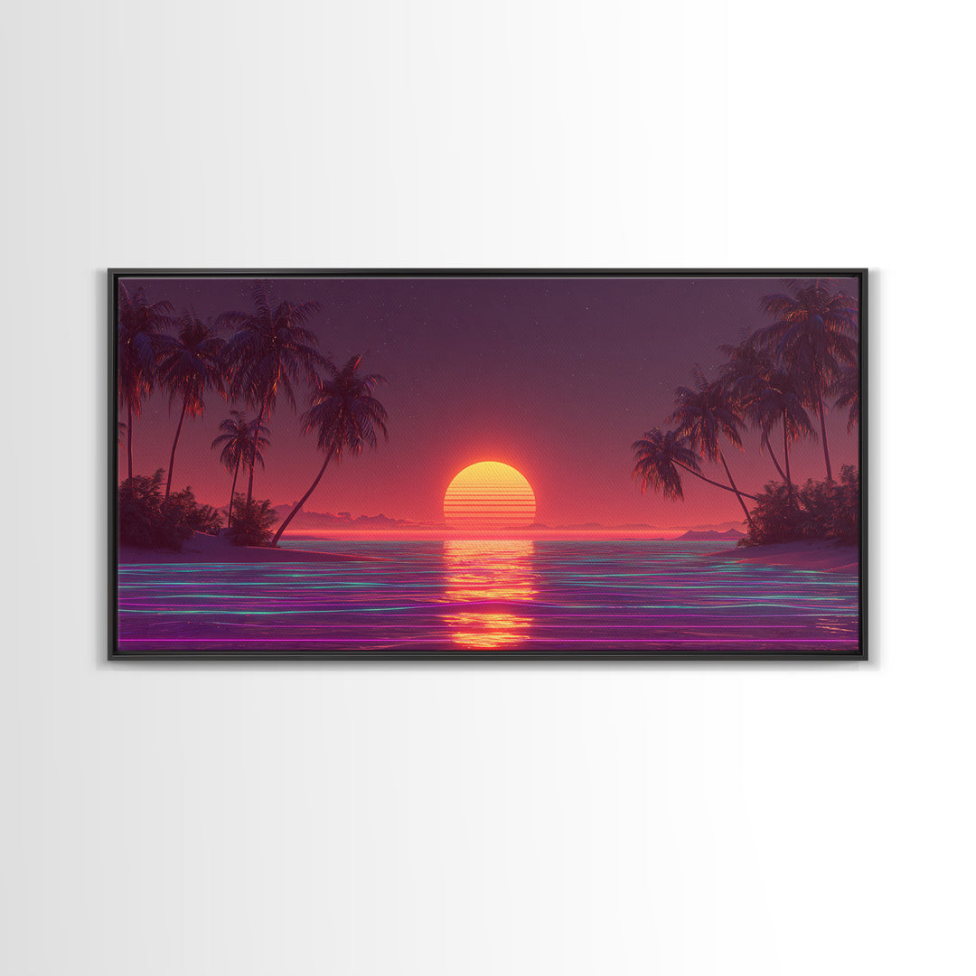 Vibrant Neon Red Sunset Over Ocean With Palm Trees Canvas Print Colorful Coastal Wall Art Tropical Beach Decor