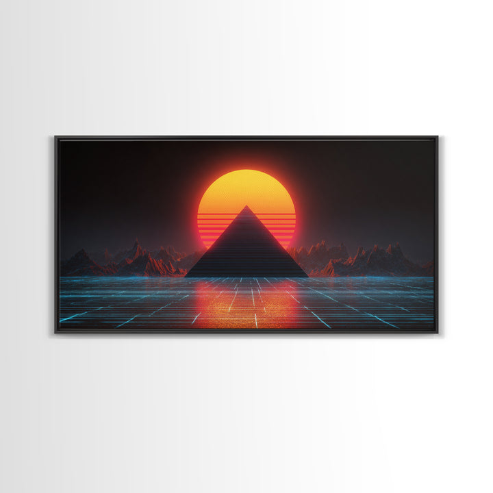 Retro Futuristic Neon Pyramid Sunset Sci Fi Digital Artwork Wall Art For Modern Home Office Decor Framed Canvas Print