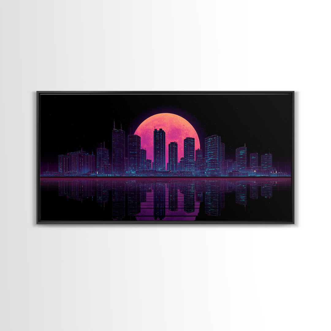 Futuristic Neon Cityscape Night Skyline With Pink Full Moon Canvas Print Urban Wall Art Print Decor