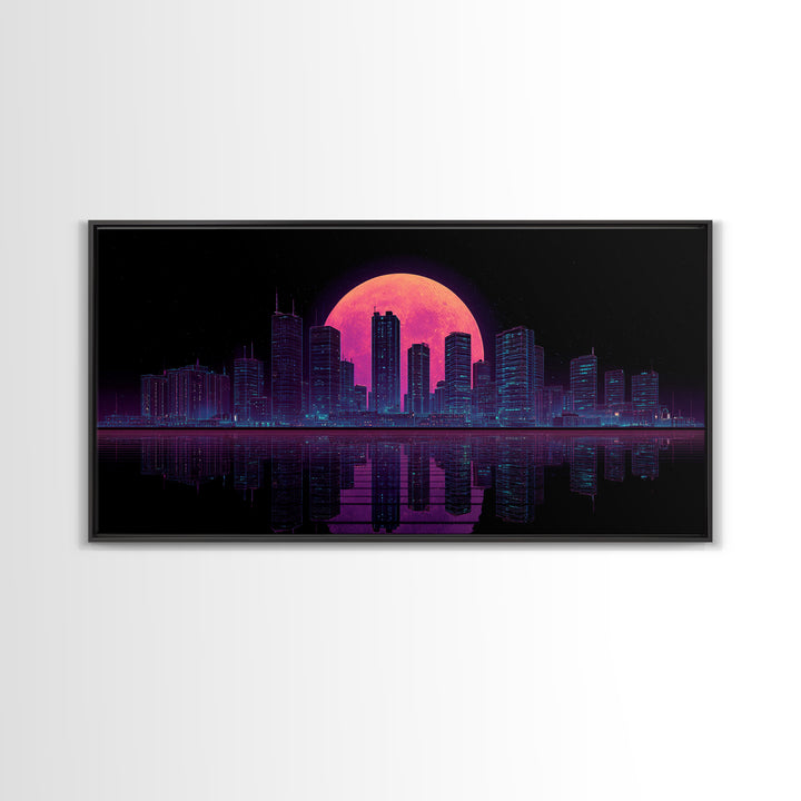 Futuristic Neon Cityscape Night Skyline With Pink Full Moon Canvas Print Urban Wall Art Print Decor