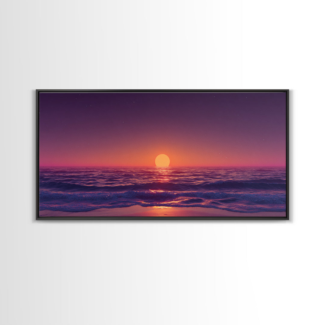 Vibrant Sunset Over Calm Ocean Waves With Pink And Purple Sky Beautiful Coastal Wall Art Framed Canvas Print For Bedroom Decor