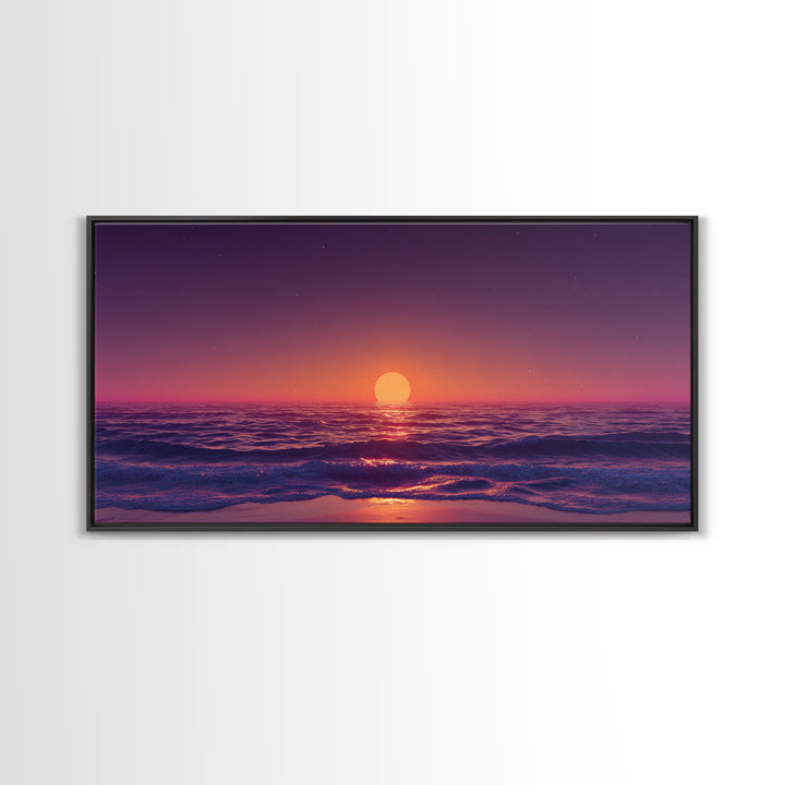 Vibrant Sunset Over Calm Ocean Waves With Pink And Purple Sky Beautiful Coastal Wall Art Framed Canvas Print For Bedroom Decor