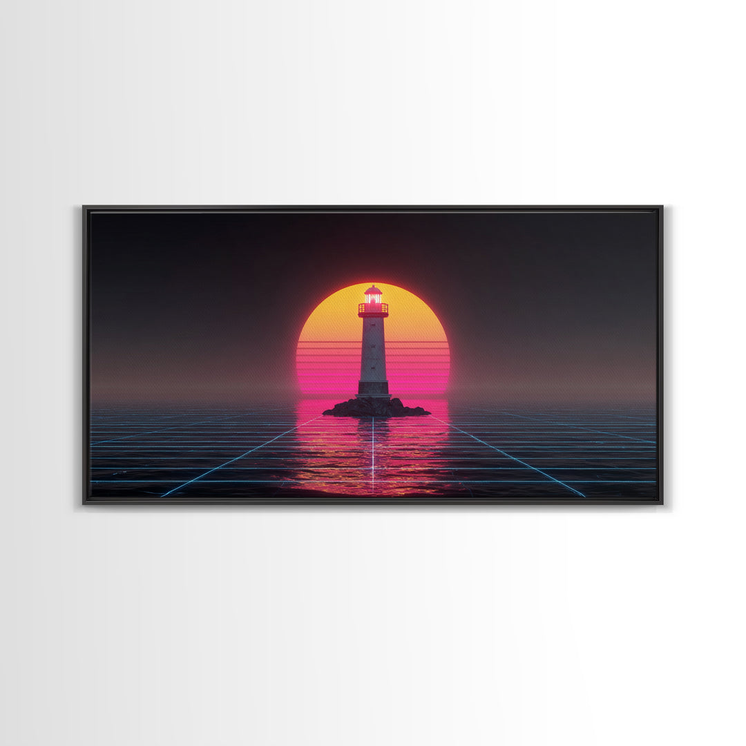 Retro Futuristic Neon Lighthouse Digital Painting Canvas Print Trendy Wall Art Modern Home Decor For Living Room And Office