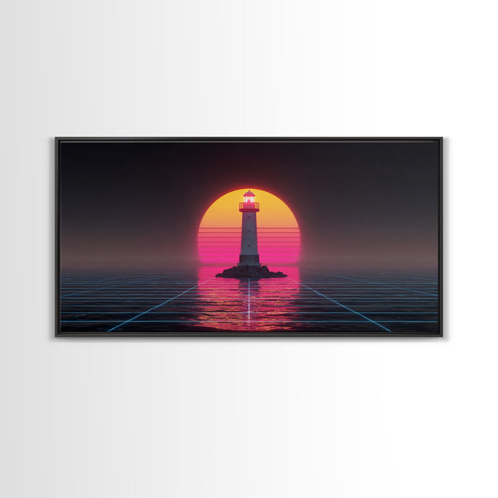 Retro Futuristic Neon Lighthouse Digital Painting Canvas Print Trendy Wall Art Modern Home Decor For Living Room And Office