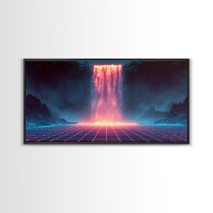 Glowing Neon Digital Waterfall With Futuristic Mountains Wall Art Framed Canvas Print Unique Modern Art Decor For Office Or Living Room