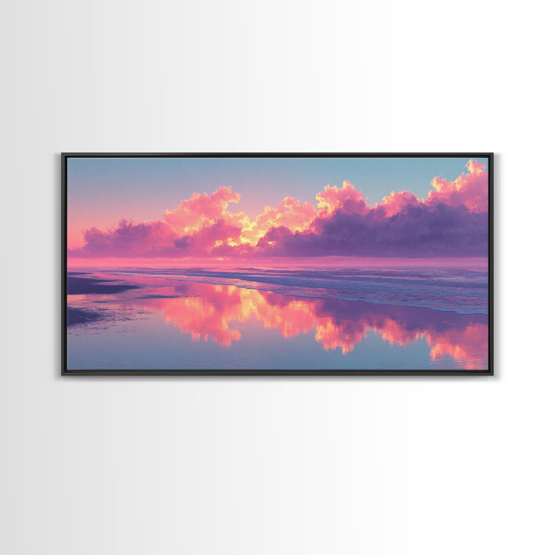 Surreal Pink Cloudy Beach Sunset Reflection Wall Art Framed Canvas Print For Living Room Home Decor Coastal Art