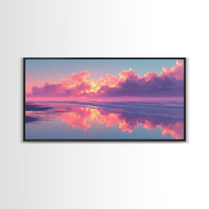 Surreal Pink Cloudy Beach Sunset Reflection Wall Art Framed Canvas Print For Living Room Home Decor Coastal Art