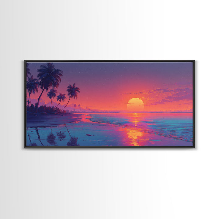 Serene Sunset Tropical Beach Landscape Digital Painting Large Wall Art For Living Room Framed Canvas