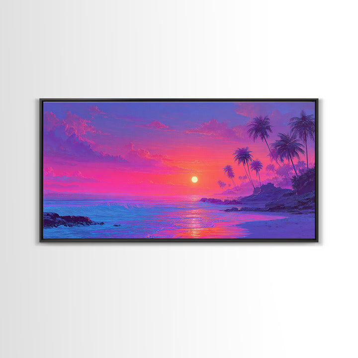 Tropical Sunset Beach With Palm Trees And Calm Ocean Waves Canvas Print Large Wall Art For Bedroom Coastal Home Decor Prints