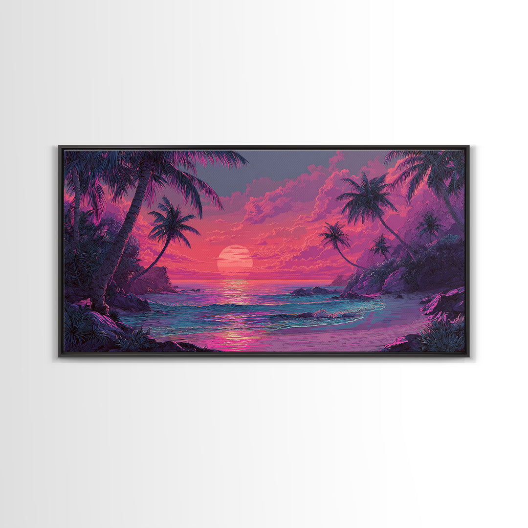 Tropical Pink Sunset Over Quiet Beach With Palm Trees Vibrant Coastal Wall Art Canvas Print For Modern Home Decor