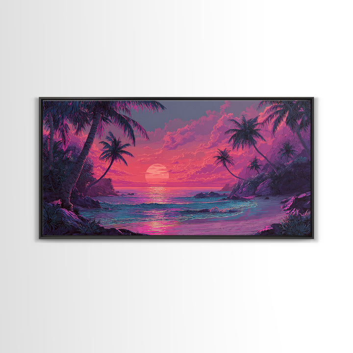 Tropical Pink Sunset Over Quiet Beach With Palm Trees Vibrant Coastal Wall Art Canvas Print For Modern Home Decor