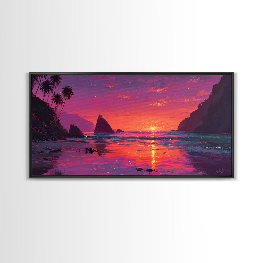 Vibrant Sunset Over Rocky Coastal Landscape Framed Canvas Print Large Wall Art For Modern Living Room And Contemporary Home Decor