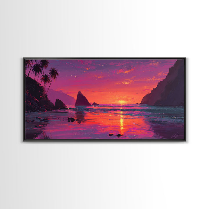 Vibrant Sunset Over Rocky Coastal Landscape Framed Canvas Print Large Wall Art For Modern Living Room And Contemporary Home Decor