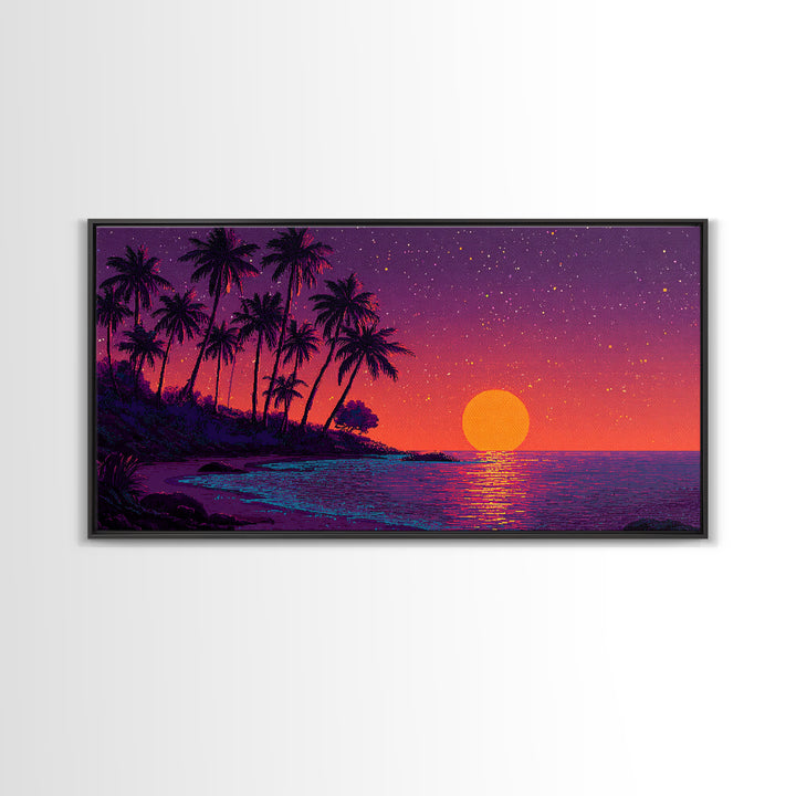Pixel Art Vibrant Tropical Sunset Beach Scene With Palm Trees Retro Style Wall Art Framed Canvas Print For Coastal Decor