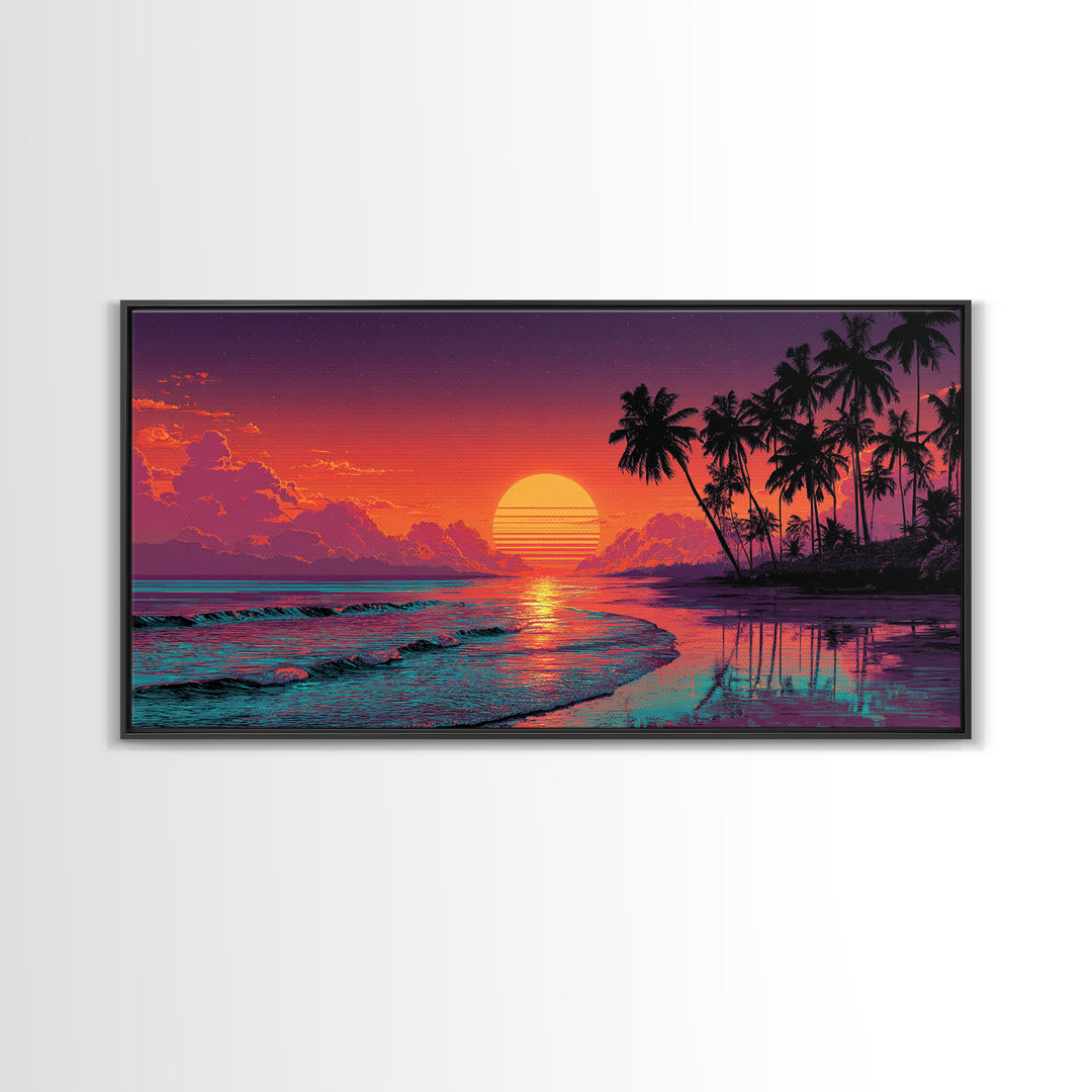 Sunset Tropical Beach Scene With Palm Trees And Calming Ocean Waves Aesthetic Wall Art For Coastal Home Decor