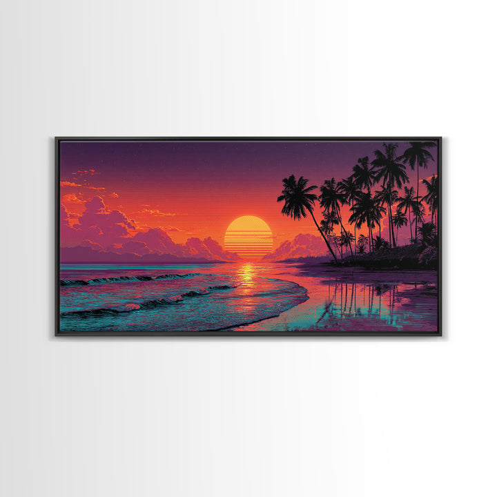Sunset Tropical Beach Scene With Palm Trees And Calming Ocean Waves Aesthetic Wall Art For Coastal Home Decor