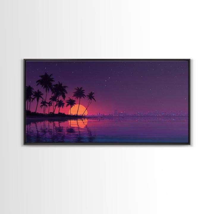 Digital Retro Sunset Beach Scene With Palm Trees Silhouettes Vibrant Coastal Wall Art Modern Wall Art Canvas Print