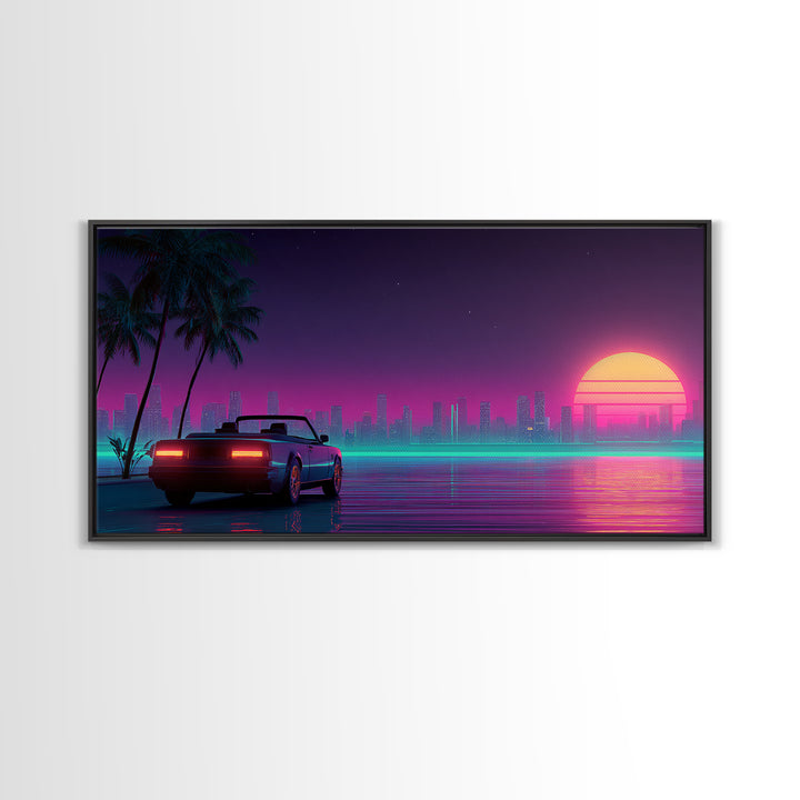 Retro Futuristic Cityscape With Classic Car Neon Colors Digital Art Canvas Print For Living Room Wall Art