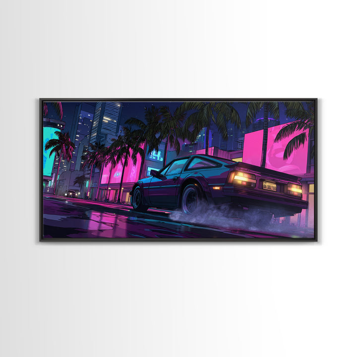 Retro Futurism DeLorean Car In Neon Cityscape Night Urban Wall Art Modern Canvas Print For Office Decor
