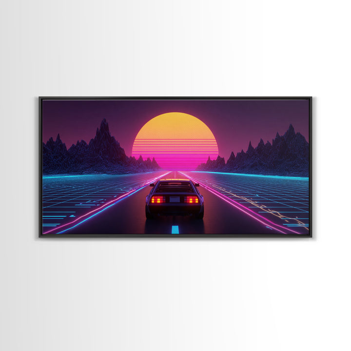 Retro Futuristic DeLorean Car Driving Toward Neon Digital Sun Synthwave Landscape Canvas Print Modern Wall Art For Office Decor