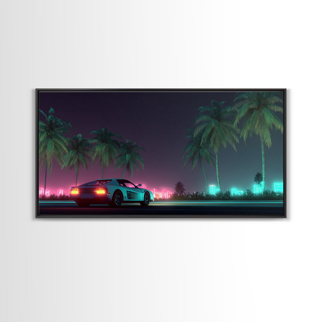 Retro Futuristic Car Neon Night Scene With Palm Trees And City Lights Canvas Print Modern Wall Art For Living Room Decor
