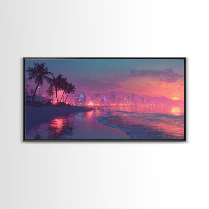 Beautiful Tropical Sunset Over Water With Palm Trees Vibrant Landscape Painting Wall Art Canvas Print