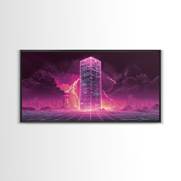 Vibrant Cyberpunk Neon Cityscape With Lightning Night Sky Retro Futuristic Wall Art High Quality Canvas Print