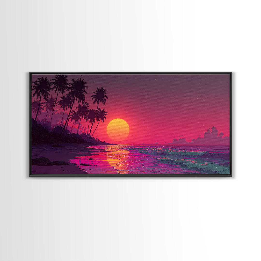 Vibrant Tropical Sunset Over Ocean With Palm Trees Canvas Print Coastal Wall Art Large Contemporary Wall Art For Beach House