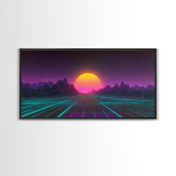 Retro Futuristic Neon Sunrise Over Wireframe Mountain Landscape Digital Artwork Canvas Print Wall Art for Modern Room Decor