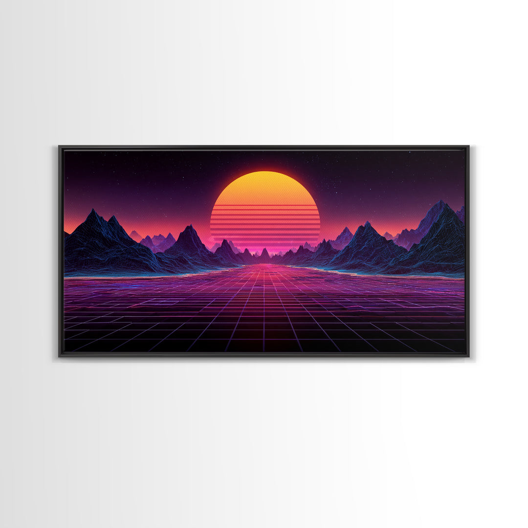 Retro Futuristic Synthwave Landscape With Neon Sun Canvas Print Wall Art For Modern Aesthetic Decor