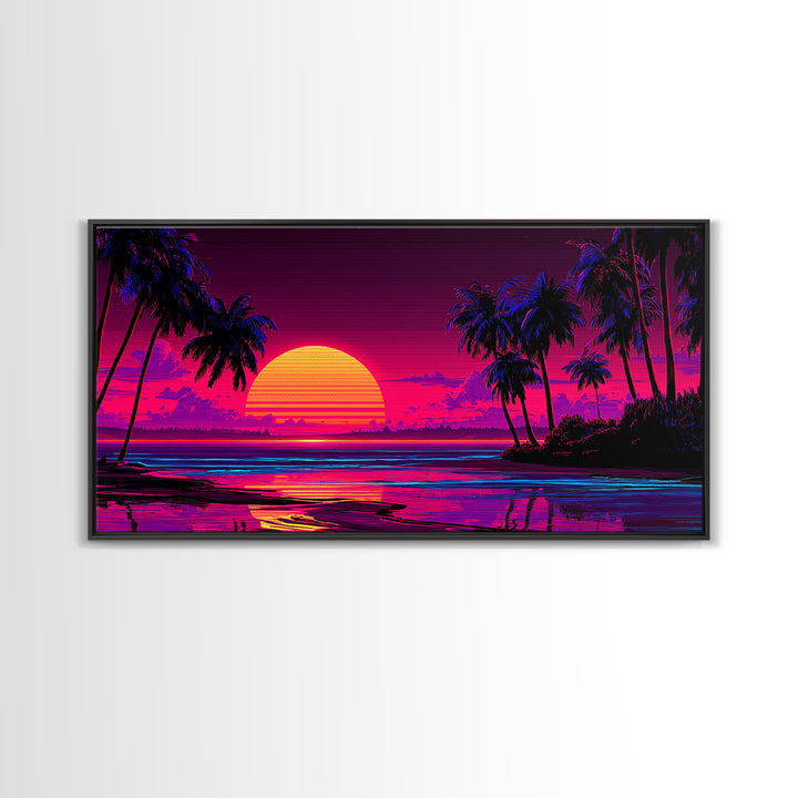 80s Retro Sunset Over Tropical Beach With Palm Trees Vibrant Neon Colors Canvas Print Framed Wall Art Large Wall Art For Living Room