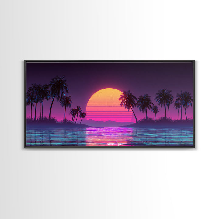 Retro Sunset Beach Scene With Palm Trees And Reflective Water Canvas Print Vibrant Coastal Wall Art