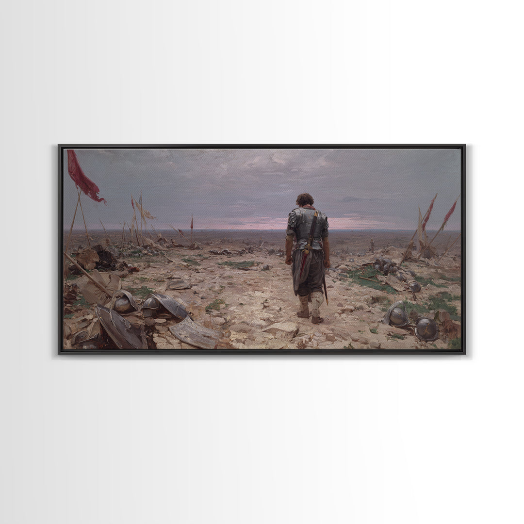 Lone Knight Walking Through Battlefield Wall Art, Medieval Landscape Canvas Print, Dark Academia Office Decor, Gift For Him
