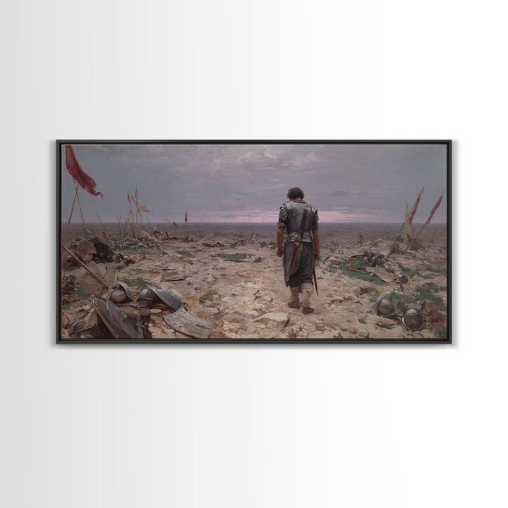 Lone Knight Walking Through Battlefield Wall Art, Medieval Landscape Canvas Print, Dark Academia Office Decor, Gift For Him