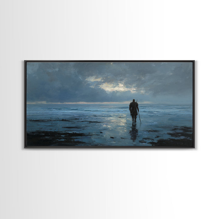 Lone Warrior Wading Through Blue Seascape Wall Art, Moody Ocean Canvas Print For Bedroom Decor And Masculine Office Decor