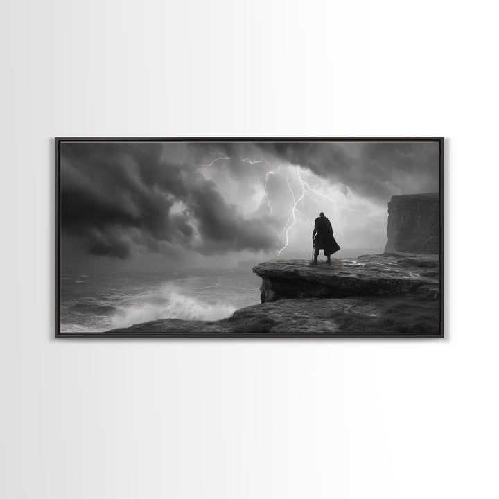 Dark Warrior On Stormy Sea Cliff Wall Art, Black And White Art, Gothic Wall Art, Moody Seascape, Masculine Office Decor