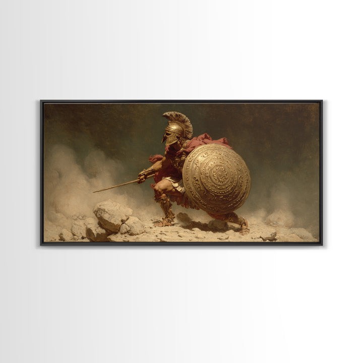 Golden Spartan Warrior With Round Shield Canvas Print, Ancient Greek Wall Art, Mythological Battle Decor For Masculine Office