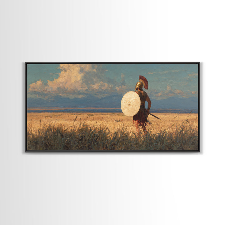 Spartan Warrior In Golden Field Framed Canvas Print, Ancient Greek Landscape Wall Decor, Historical Wall Art For Home Decor