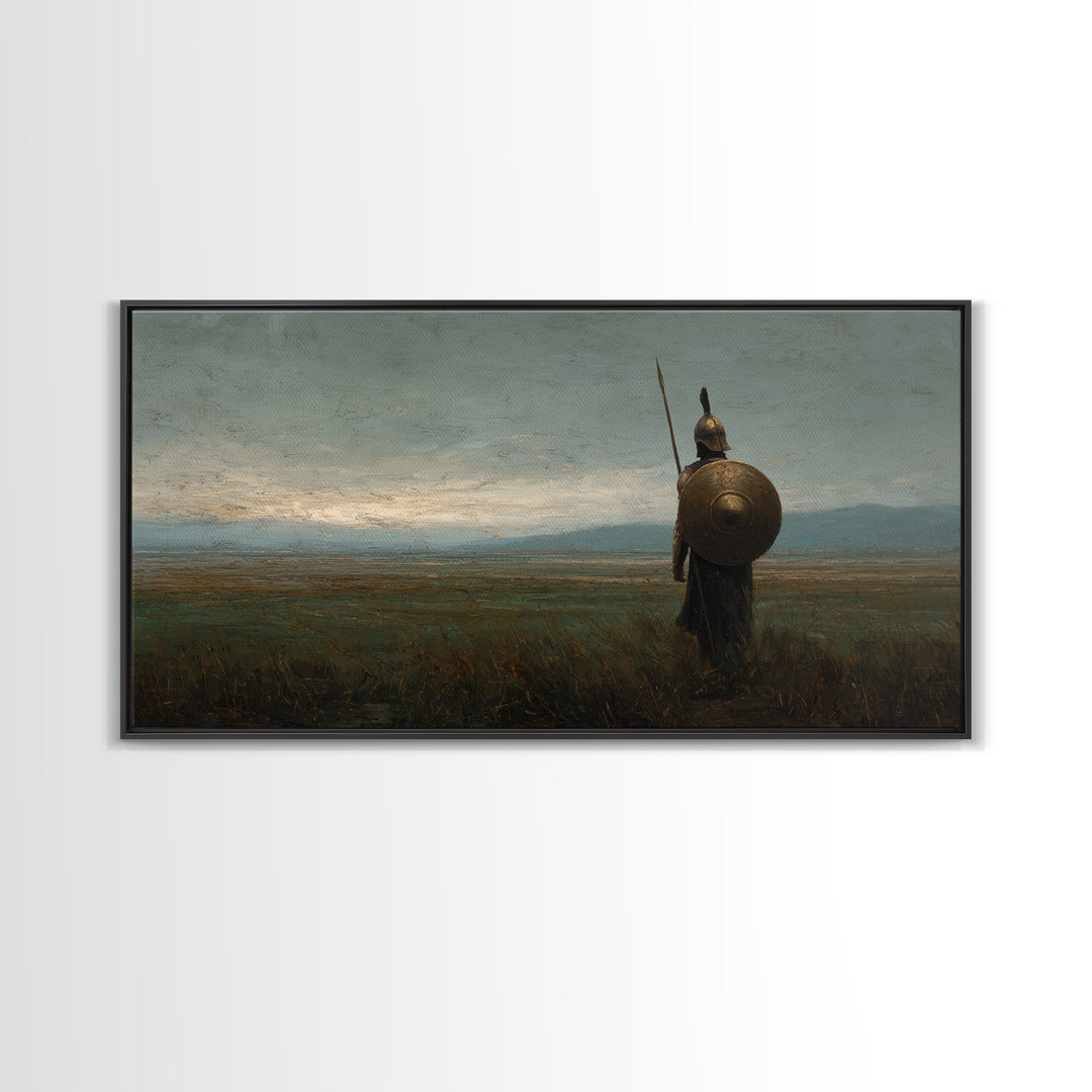 Ancient Shield Warrior In Quiet Field Wall Art Historical Landscape Painting, Greek Soldier Canvas Print For Office Decor