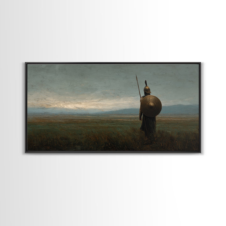 Ancient Shield Warrior In Quiet Field Wall Art Historical Landscape Painting, Greek Soldier Canvas Print For Office Decor