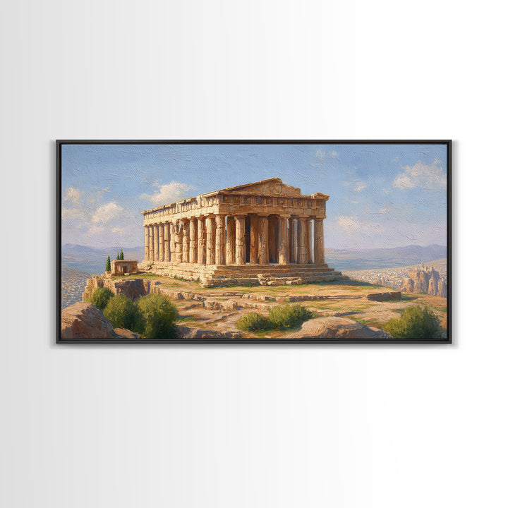 Sunlit Greek Temple Parthenon Wall Art, Ancient Architecture Painting, Mediterranean Landscape, Classic Home Decor Print
