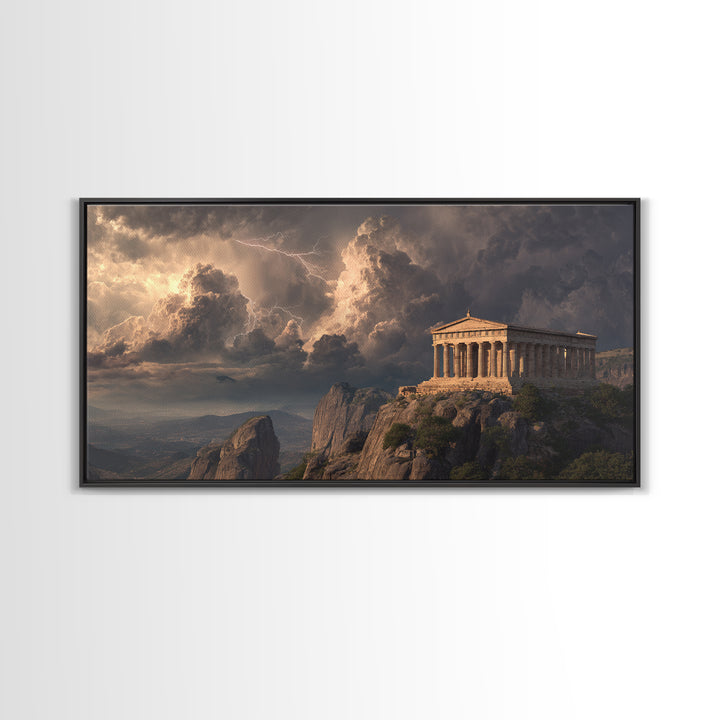 Ancient Greek Temple Storm Over Mountain Cliffs Wall Art, Mythological Landscape, Greece Decor, Dramatic Fine Art Print Poster