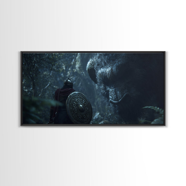 Armored Warrior Facing Giant Forest Bear Framed Canvas Print, Fantasy Art, Animal Wall Art, Dark Wall Art, Unique Gift, Home Decor