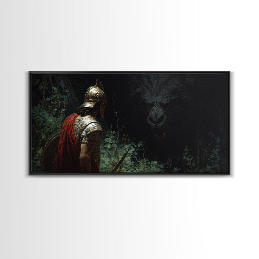 Dark Warrior Facing Bear Framed Canvas Print, Mythic Fantasy Wall Art, Gothic Forest Living Room Decor, Gift For Him, Man Cave