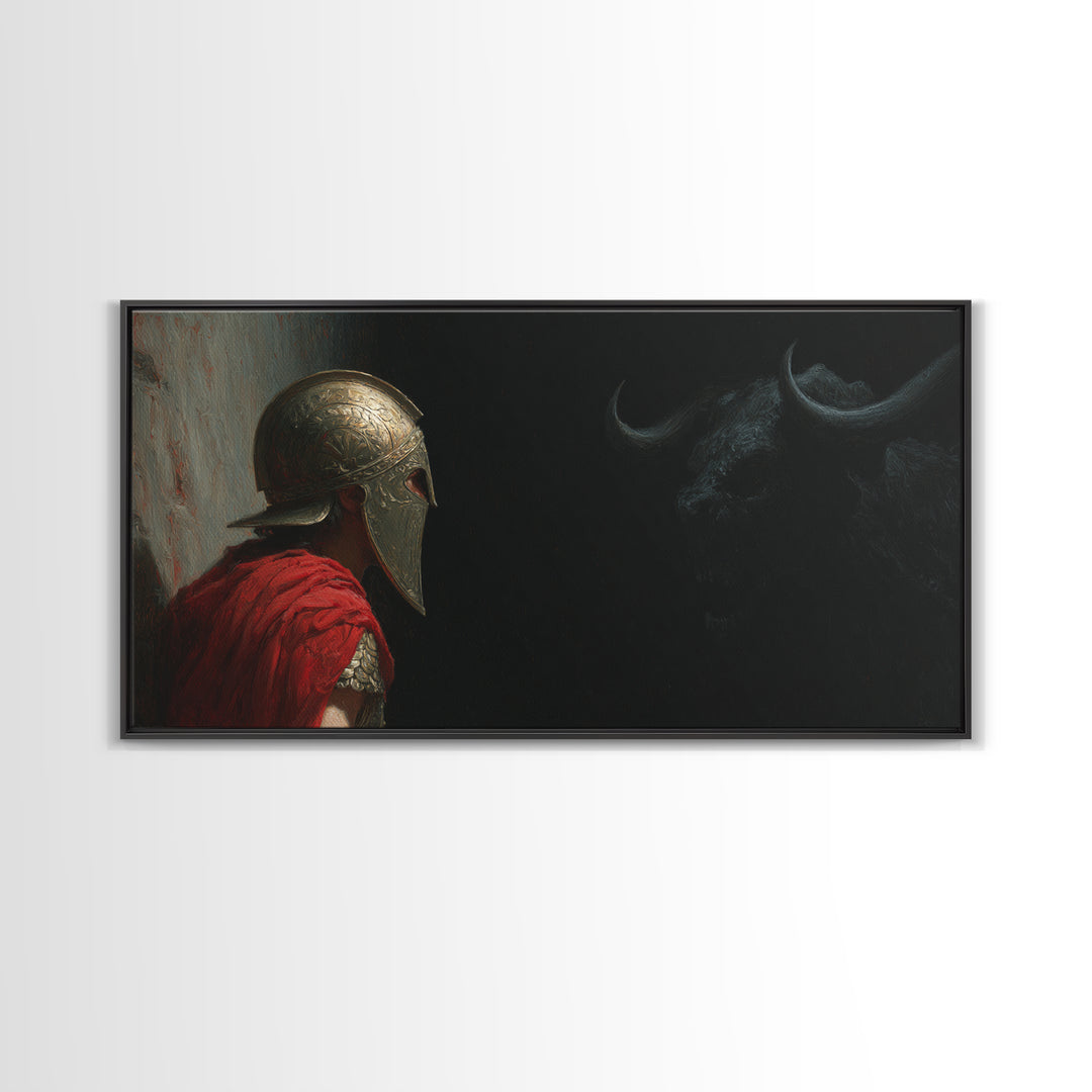 Helmeted Hero Facing Shadow Bull Framed Canvas Print, Mythological Wall Art, Dark Fantasy Decor, Greek Myth Gift For Him