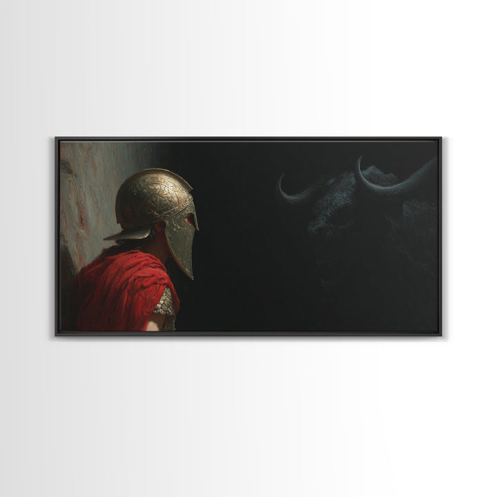 Helmeted Hero Facing Shadow Bull Framed Canvas Print, Mythological Wall Art, Dark Fantasy Decor, Greek Myth Gift For Him