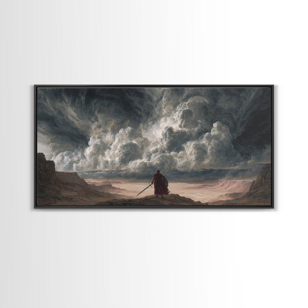Solitary Warrior Beneath Apocalyptic Storm Canvas Print, Epic Fantasy Wall Art, Dramatic Landscape Decor For Living Room