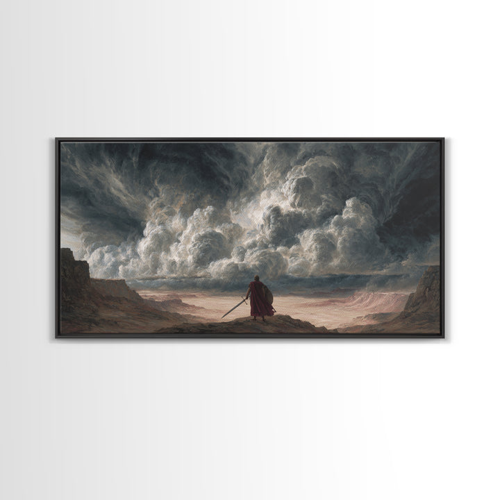 Solitary Warrior Beneath Apocalyptic Storm Canvas Print, Epic Fantasy Wall Art, Dramatic Landscape Decor For Living Room